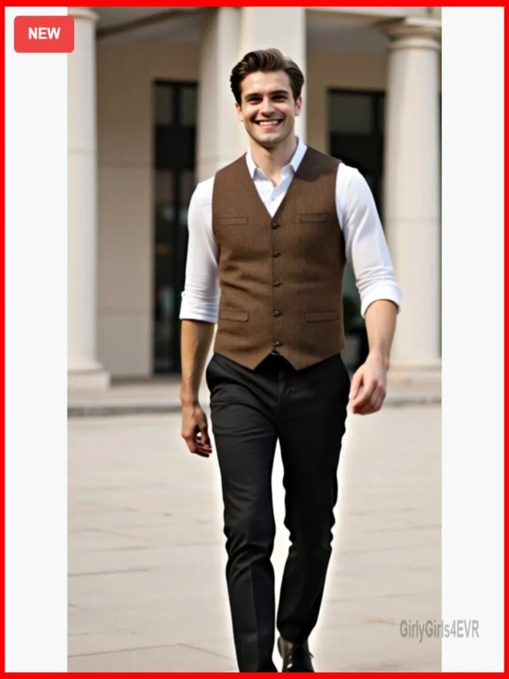 Men's Slim Fit Wool Tweed Vest, V-Neck, 5 Button, Pockets